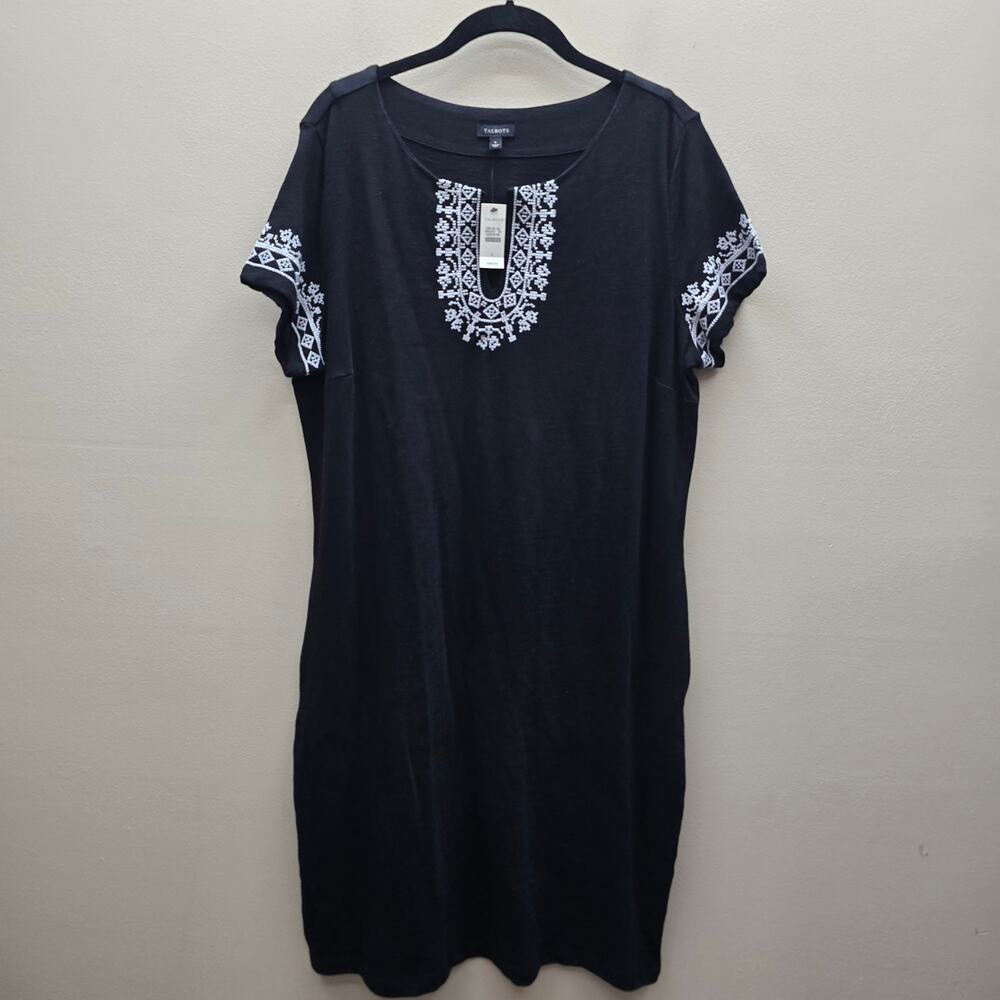 Talbots NWT Shift Dress Size Large Embroidered Bohemian Cottagecore Folk Black
